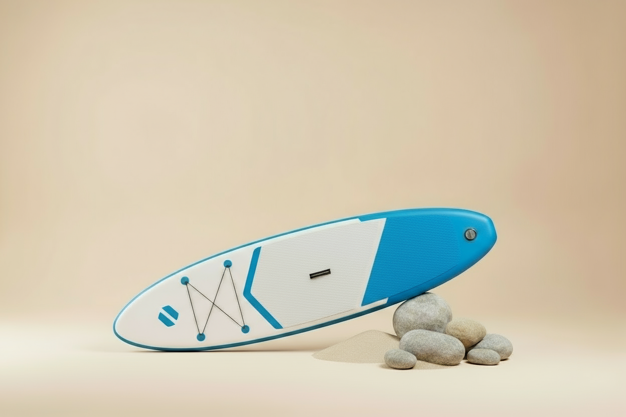 Człowiek pływa na desce Sub w pięknym morzu z lasem i skałami