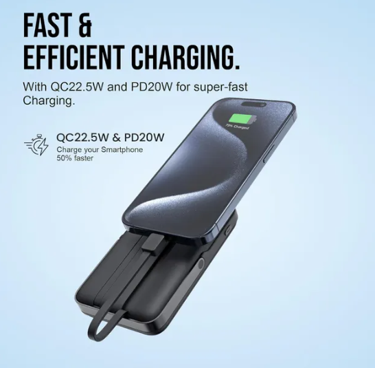 Powerbank USB-C [10 000 mAh] – z kablem – bezprzewodowy 20 W